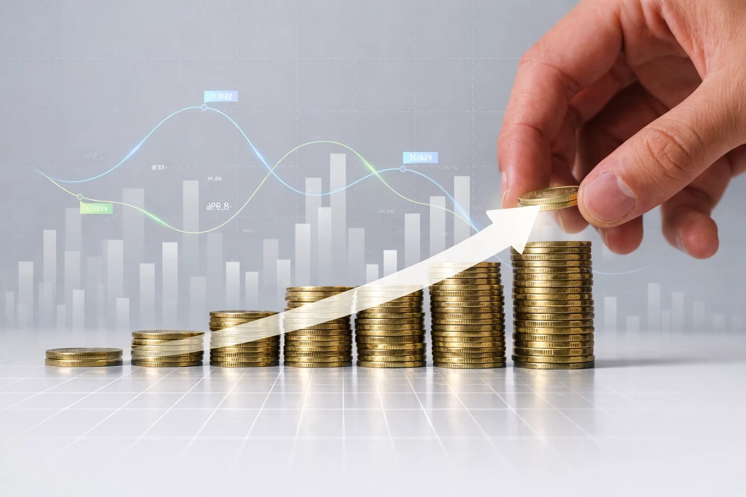 Hand placing coins into growing stacks representing building a practical monthly budget plan