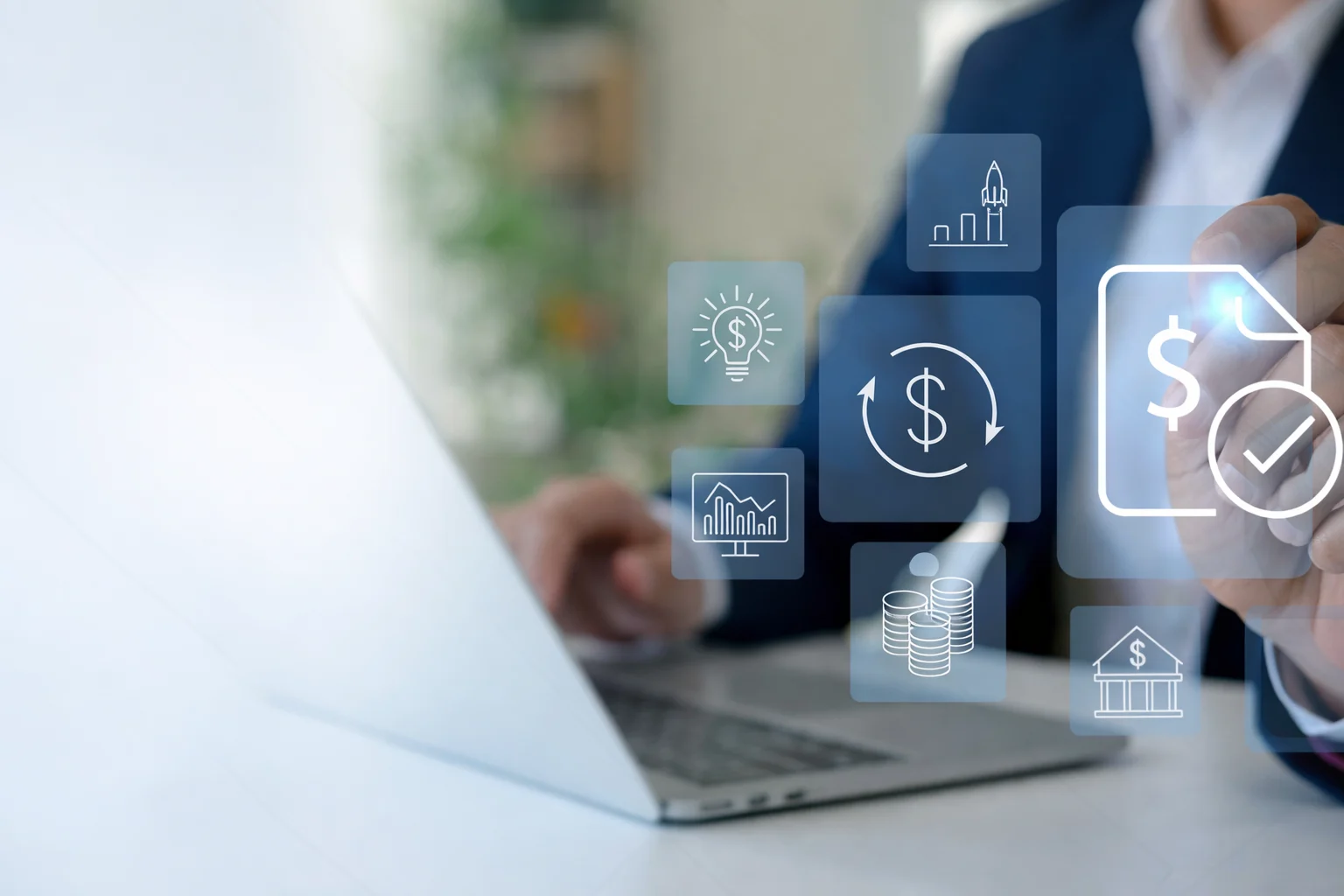 Person reviewing loan terms on a laptop with financial icons representing things to check before taking a loan