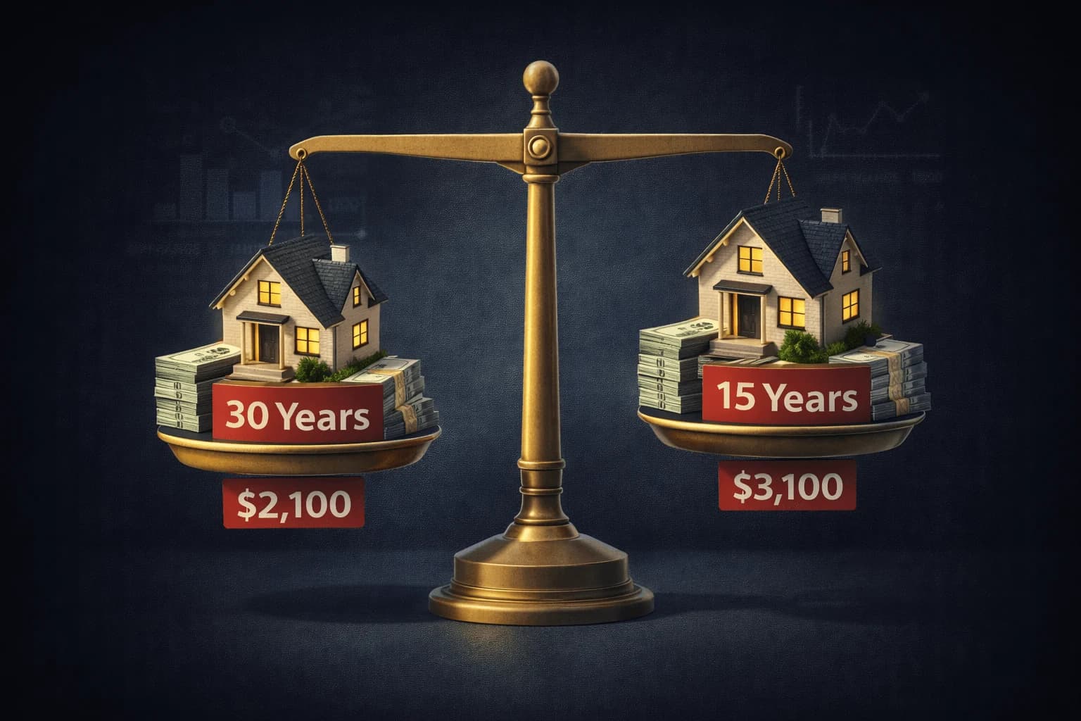 Balance scale comparing 30-year and 15-year mortgage options with house models