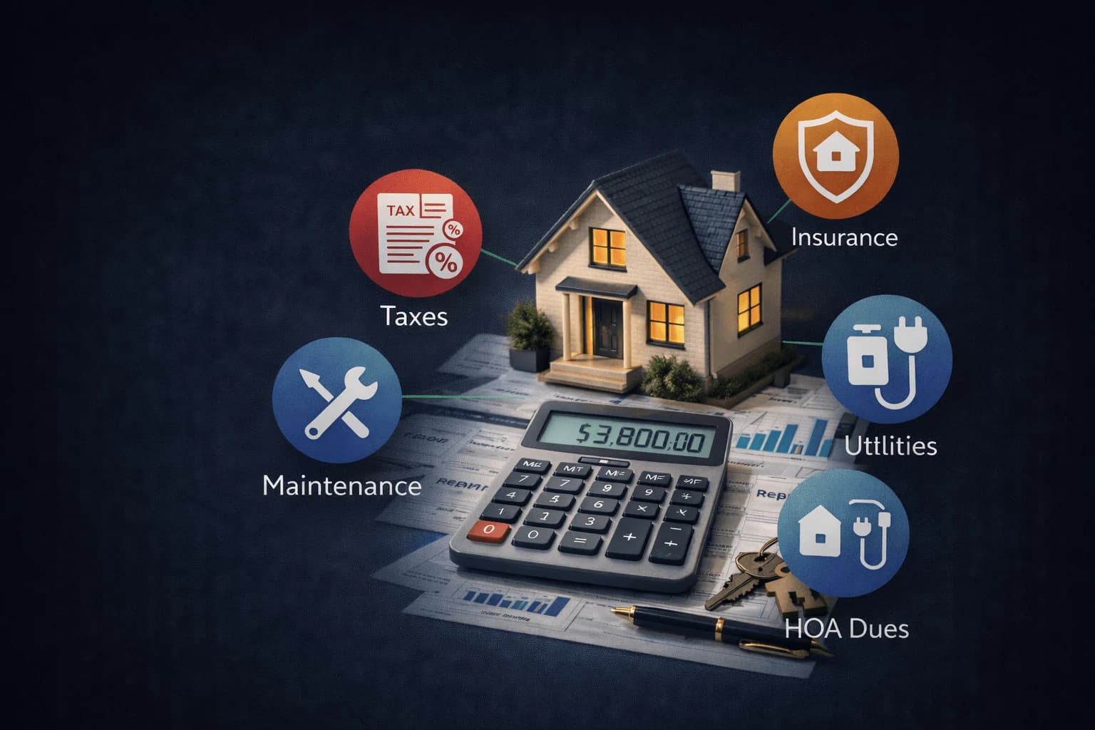 Calculator with homeownership cost icons showing taxes insurance maintenance and mortgage expenses
