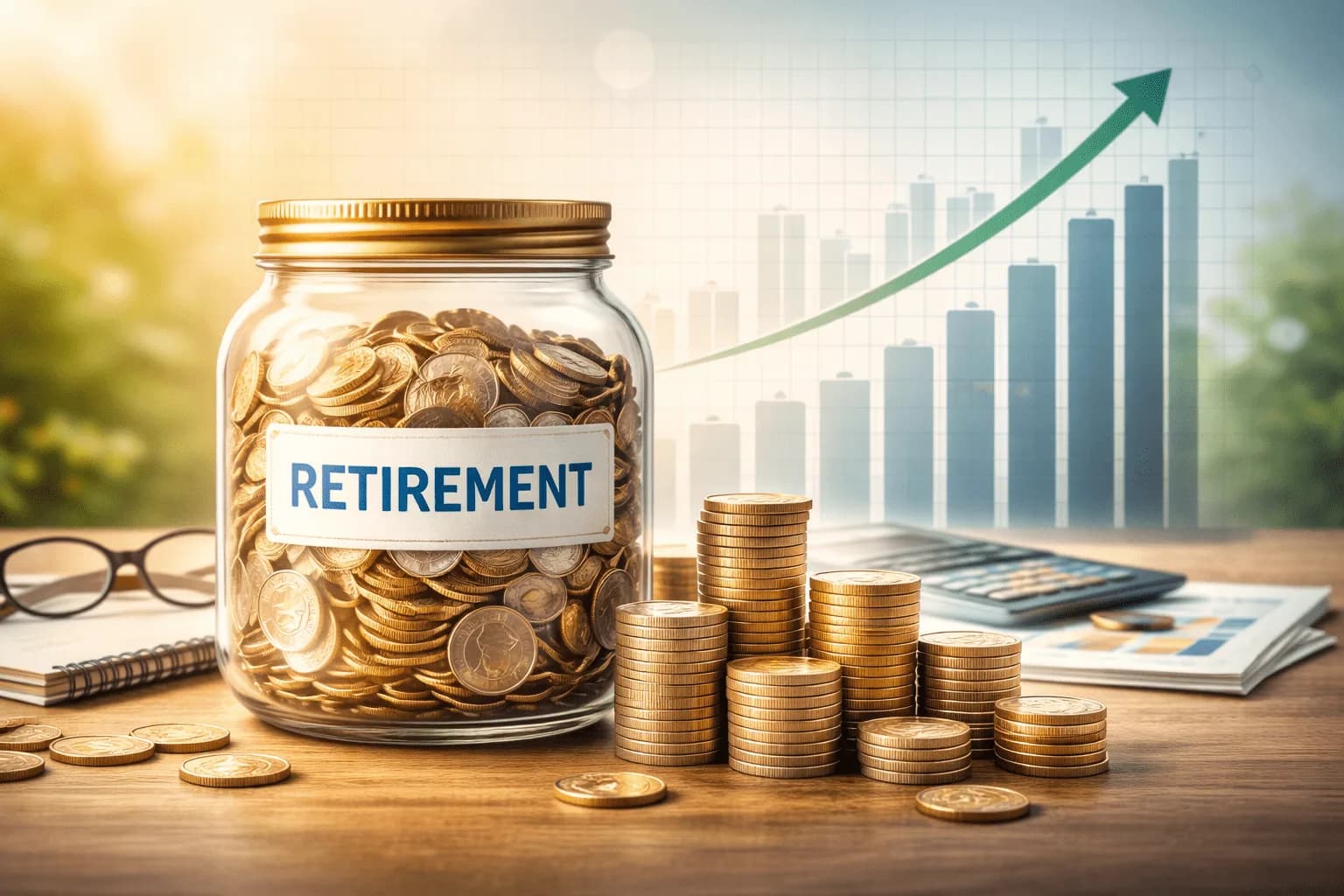 Jar labeled retirement filled with coins and growing stacks of money representing retirement savings goals
