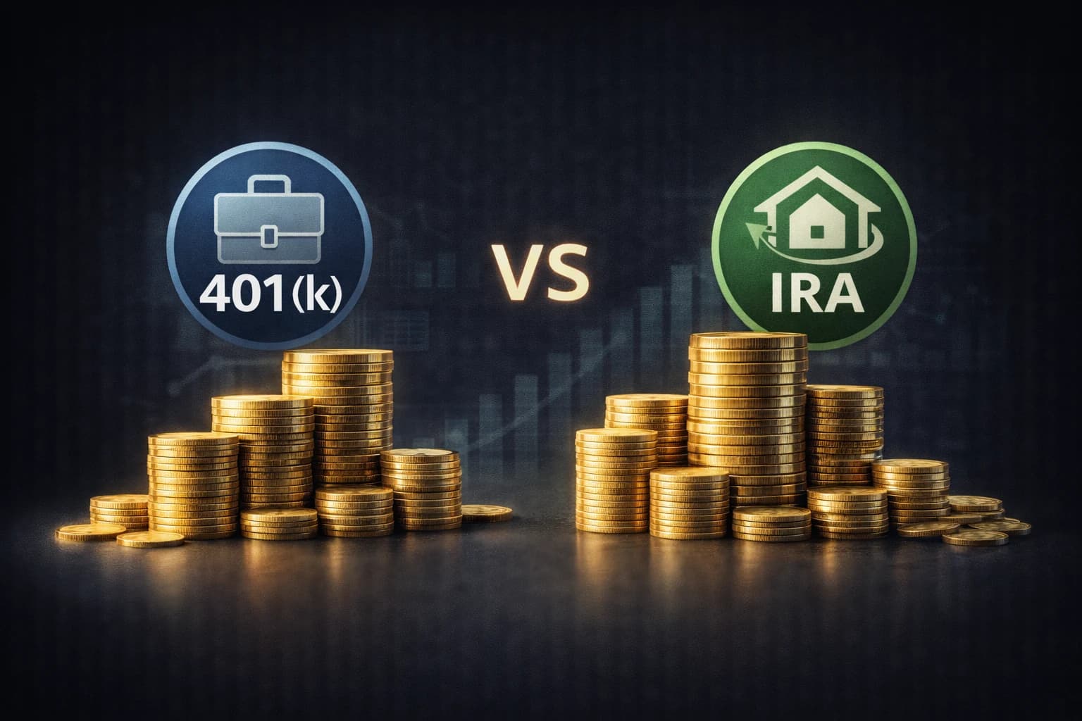 Comparison of 401k and IRA retirement accounts with coins and investment symbols