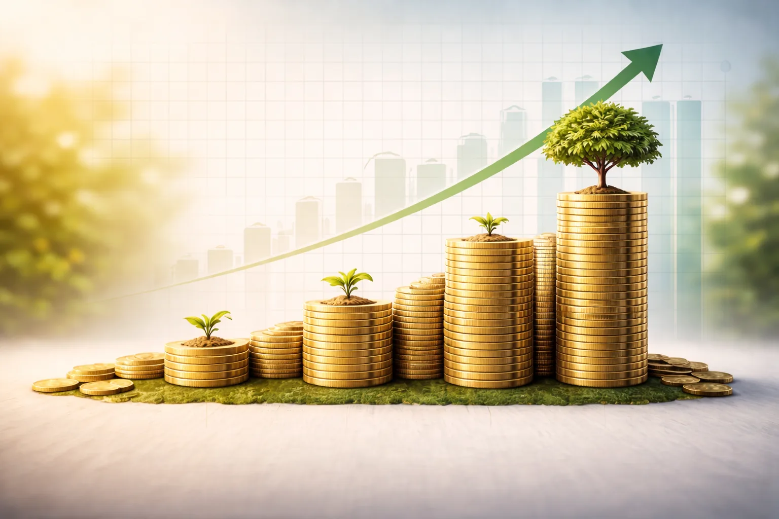 Growing stacks of coins with a small tree symbolizing early retirement savings growth