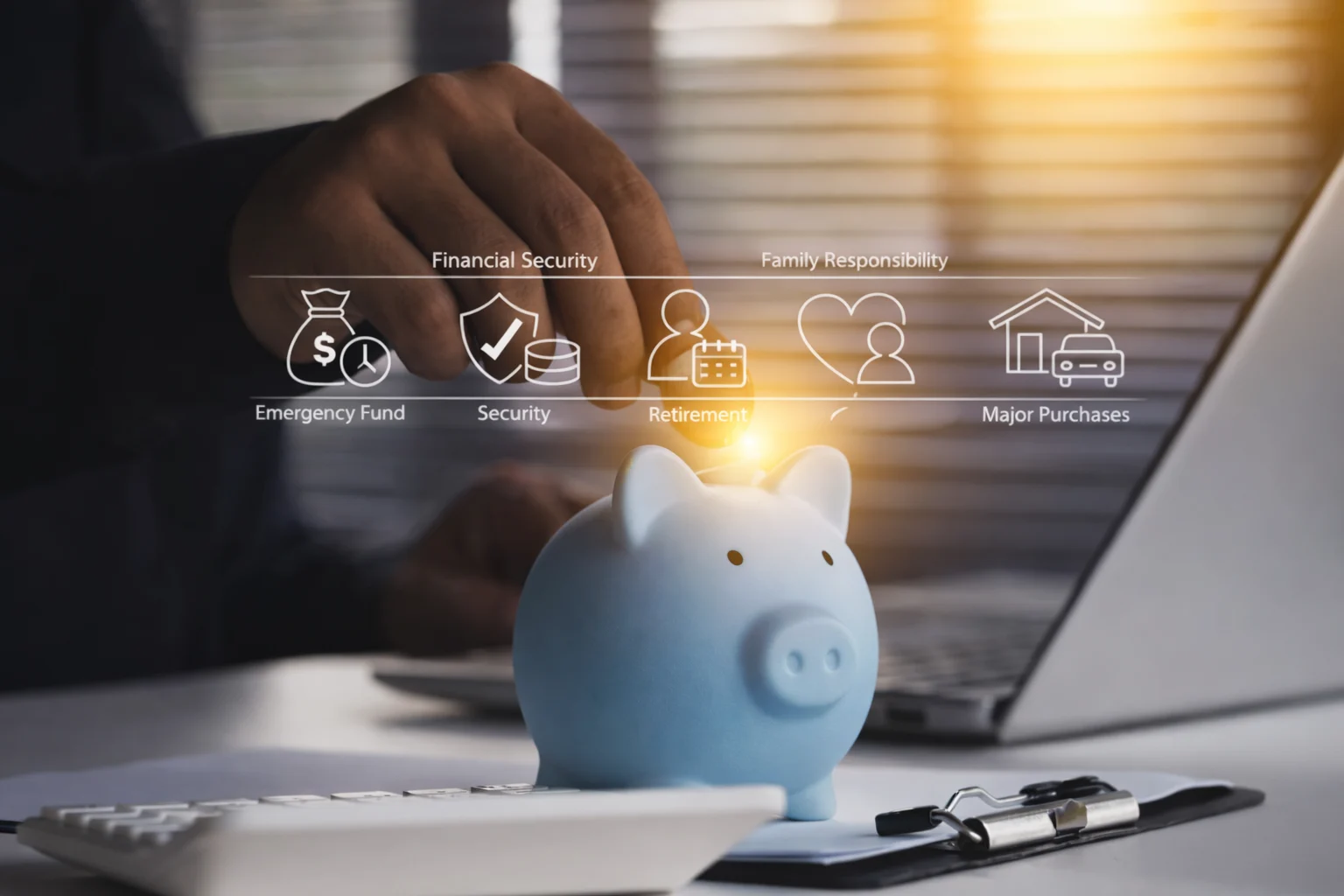 Piggy bank with financial planning icons representing setting realistic savings goals