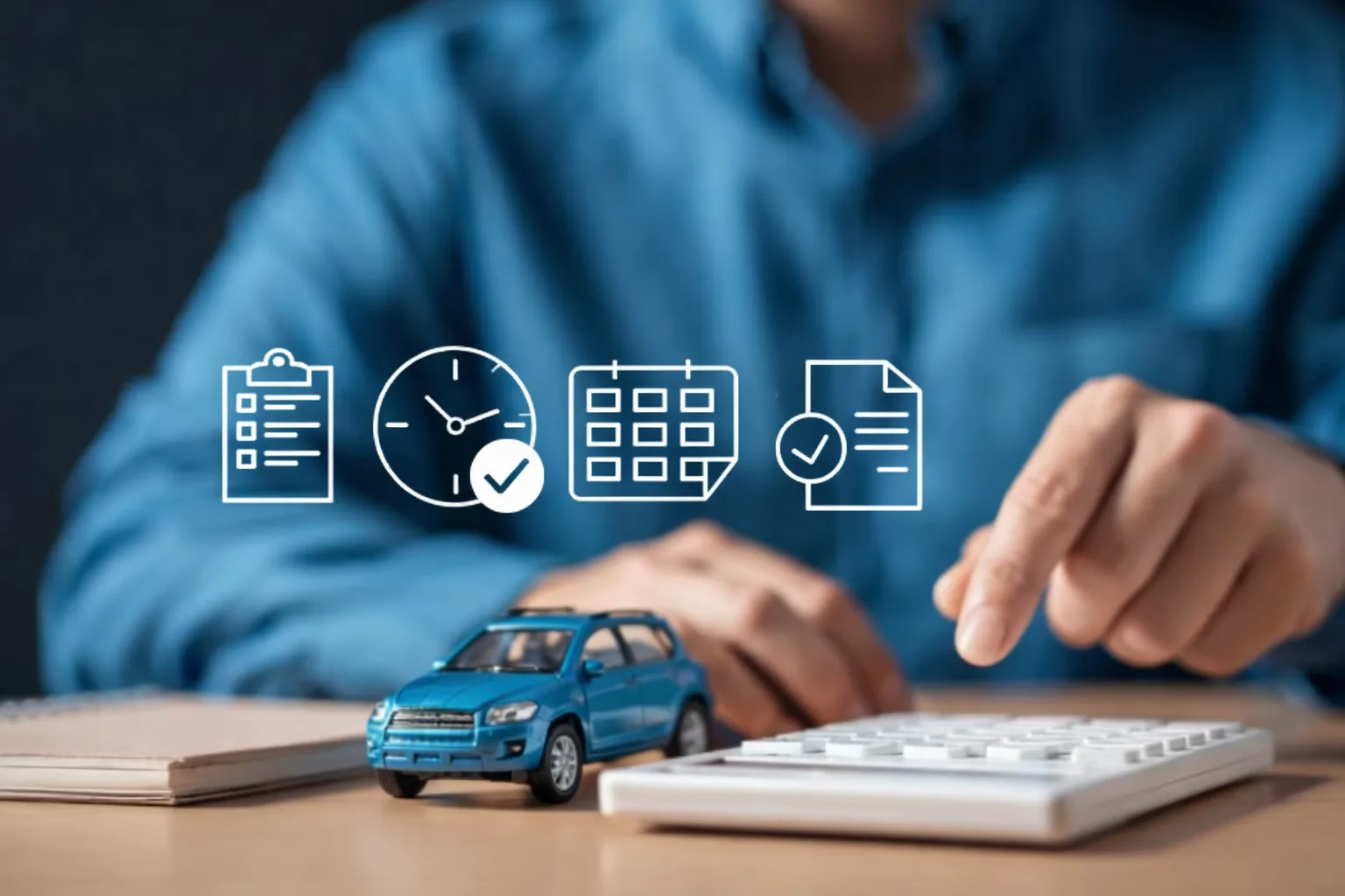 Person planning auto financing with calculator and toy car representing car loan payments