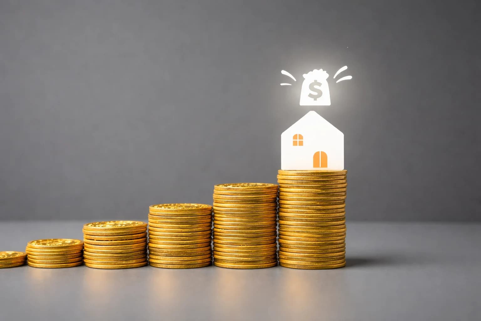 Stacked coins with a small house representing home buying affordability and budget planning