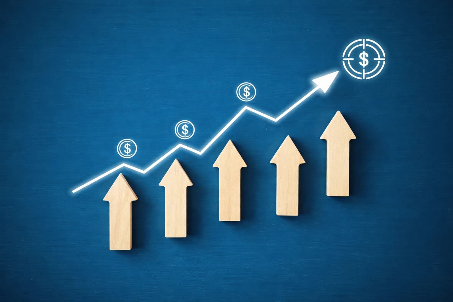 Upward arrows and growth chart representing compound interest and long term investment growth