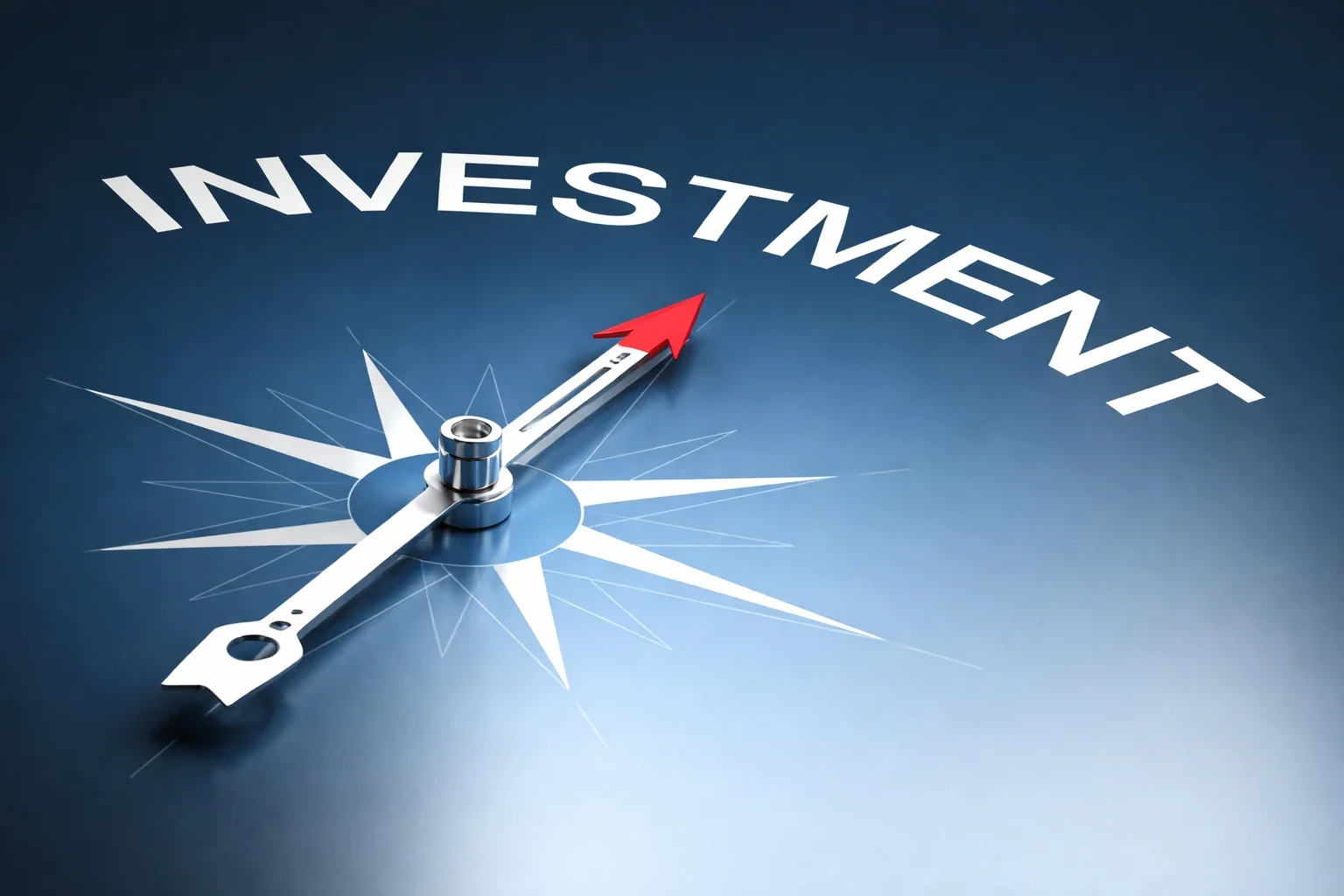 Investment compass pointing to growth representing basic investing strategy and market direction