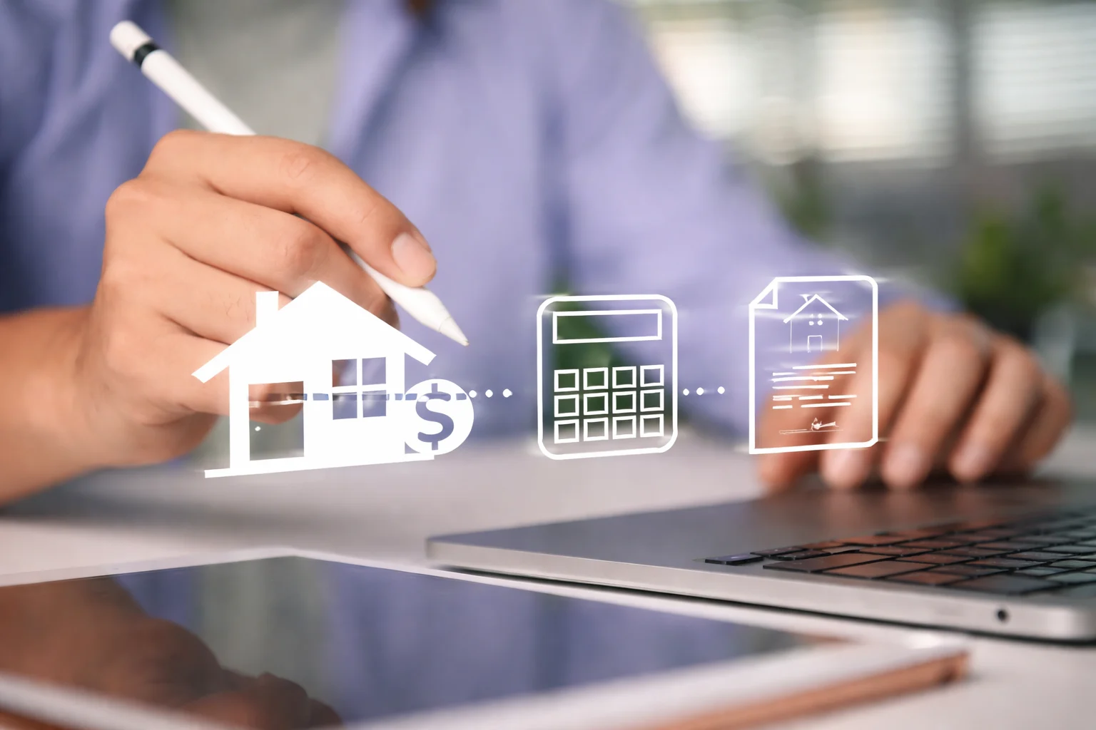 Person reviewing mortgage payment calculations with house icons and financial interface