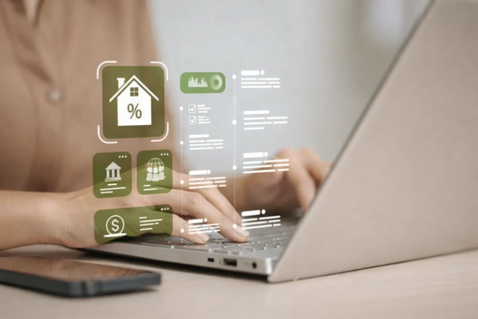 Person using a laptop with home finance icons representing mortgage refinance planning